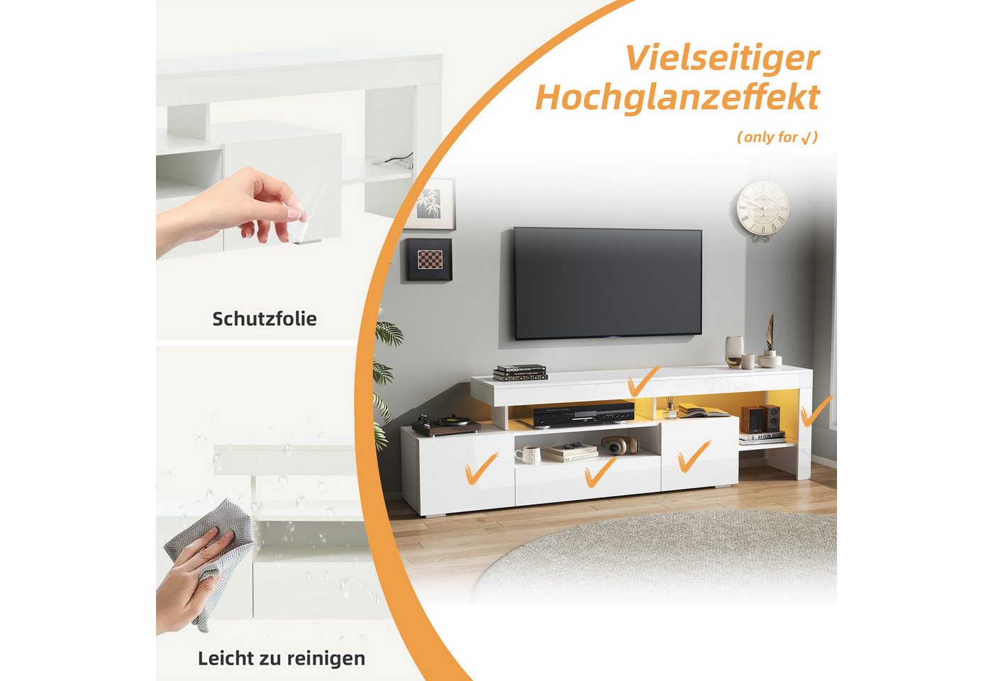 Merax Lowboard mit LED-Beleuchtung (1 St), TV-Schrank Fernsehschrank mit 3 Klapptüren, Hochglanzfront,192x37x53cm – Bild 5 von 5