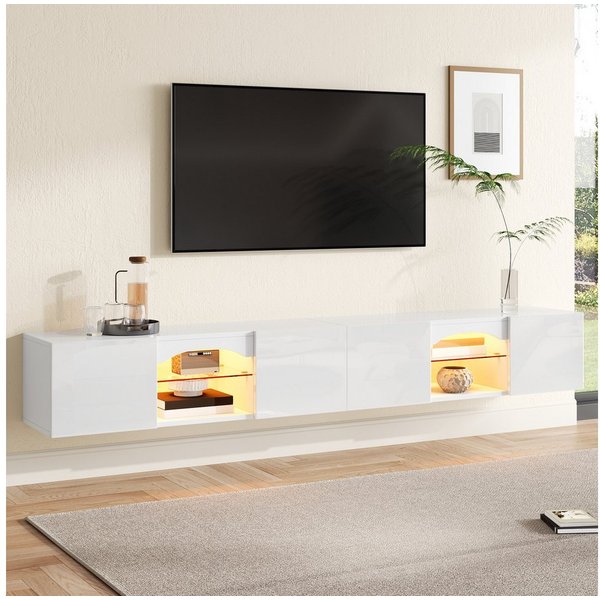 Merax Lowboard mit LED-Beleuchtung, Fernsehschrank Hochglanz Fernsehtisch (1 St), TV-Schrank mit 4 Türen, 2 offenen Fächern und Glasböden, 200x30x28 cm