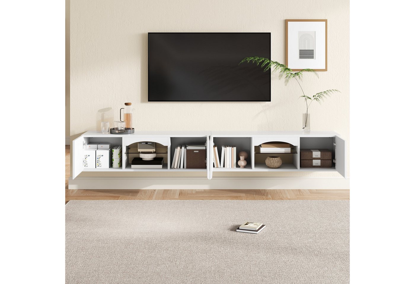 Merax Lowboard mit LED-Beleuchtung, Fernsehschrank Hochglanz Fernsehtisch (1 St), TV-Schrank mit 4 Türen, 2 offenen Fächern und Glasböden, 200x30x28 cm – Bild 2 von 5