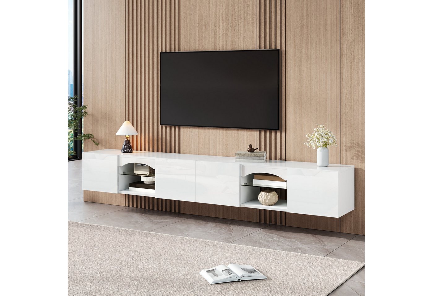 Merax Lowboard mit LED-Beleuchtung, Fernsehschrank Hochglanz Fernsehtisch (1 St), TV-Schrank mit 4 Türen, 2 offenen Fächern und Glasböden, 200x30x28 cm – Bild 3 von 5