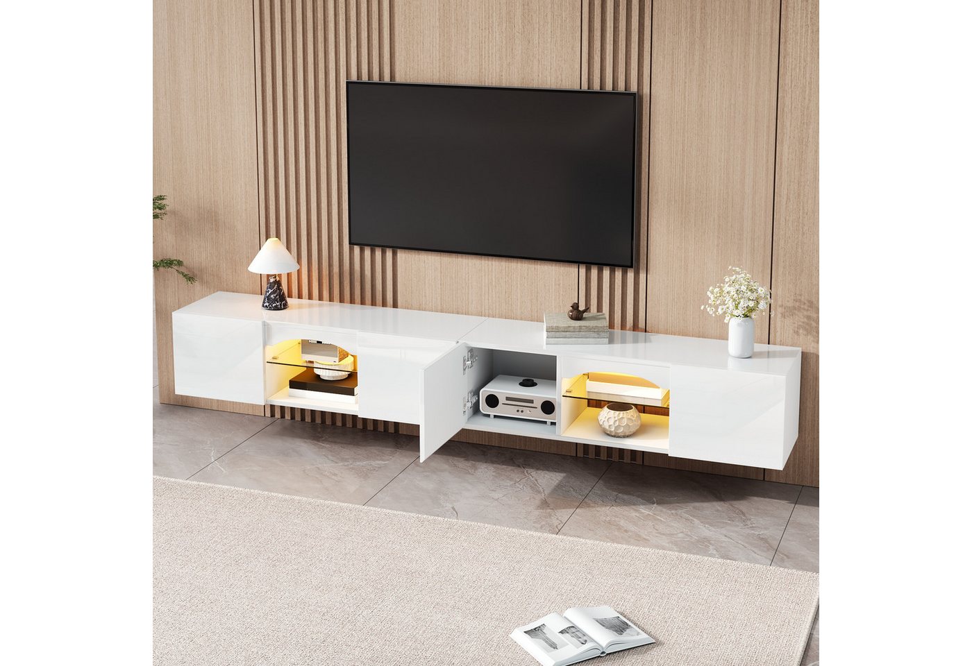 Merax Lowboard mit LED-Beleuchtung, Fernsehschrank Hochglanz Fernsehtisch (1 St), TV-Schrank mit 4 Türen, 2 offenen Fächern und Glasböden, 200x30x28 cm – Bild 4 von 5