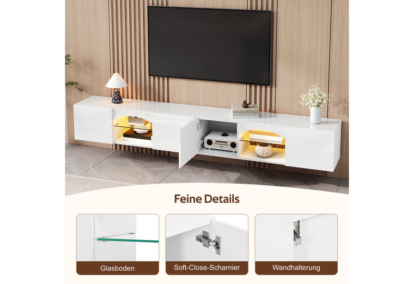 Merax Lowboard mit LED-Beleuchtung, Fernsehschrank Hochglanz Fernsehtisch (1 St), TV-Schrank mit 4 Türen, 2 offenen Fächern und Glasböden, 200x30x28 cm – Bild 5 von 5