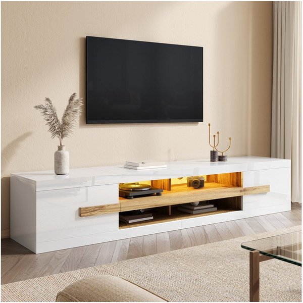 Merax Lowboard mit LED-Beleuchtung, TV-Möbel, 200 x 40 x 38 cm (1 St), TV-Schrank mit 2 Türen, offene Fächer & Stauraum