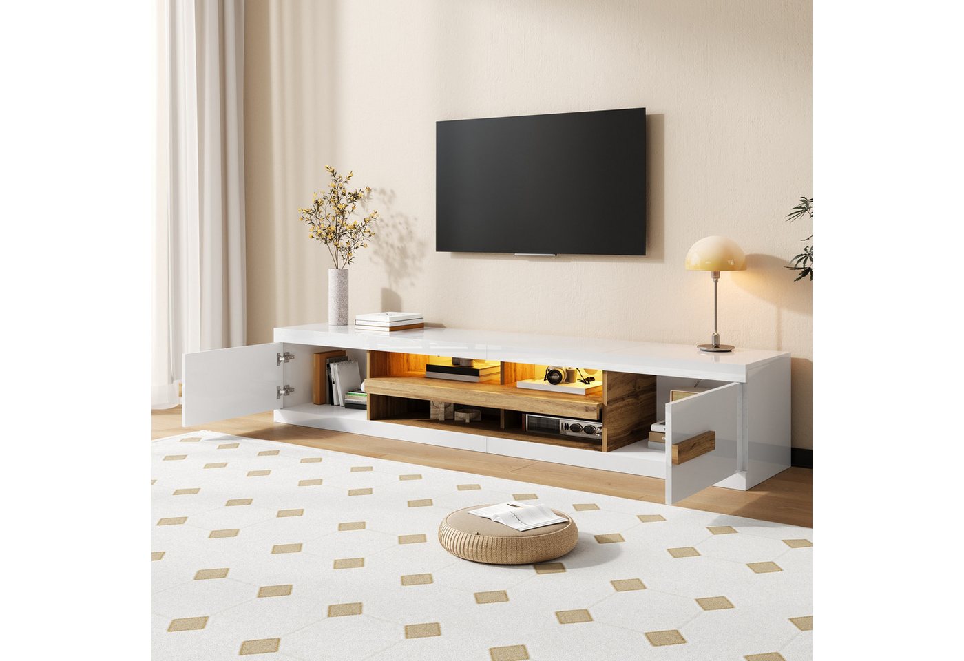 Merax Lowboard mit LED-Beleuchtung, TV-Möbel, 200 x 40 x 38 cm (1 St), TV-Schrank mit 2 Türen, offene Fächer & Stauraum – Bild 2 von 5