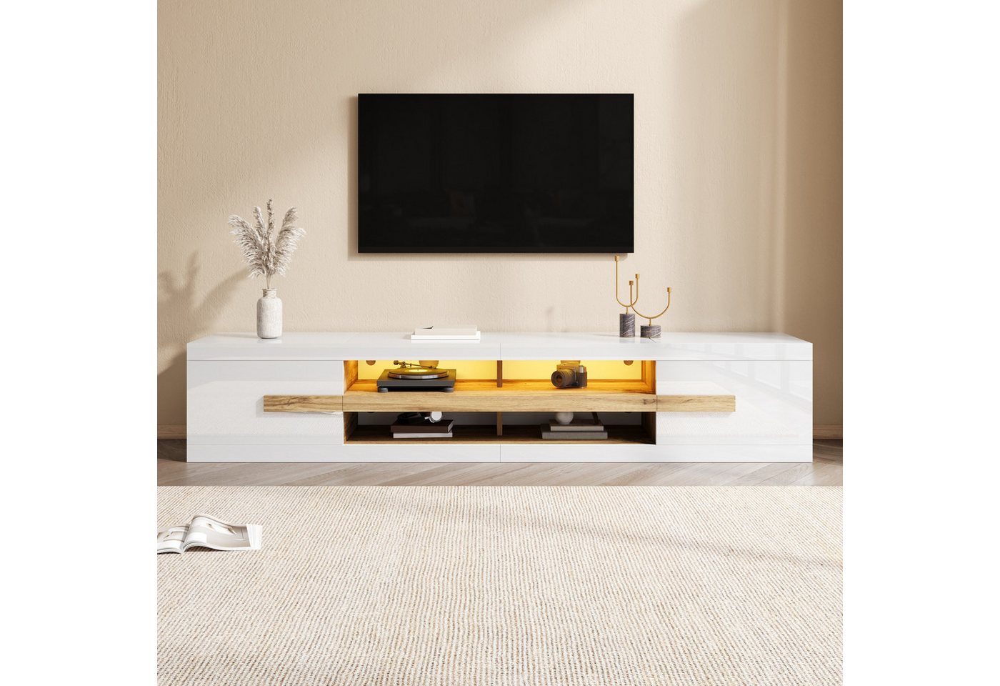 Merax Lowboard mit LED-Beleuchtung, TV-Möbel, 200 x 40 x 38 cm (1 St), TV-Schrank mit 2 Türen, offene Fächer & Stauraum – Bild 3 von 5
