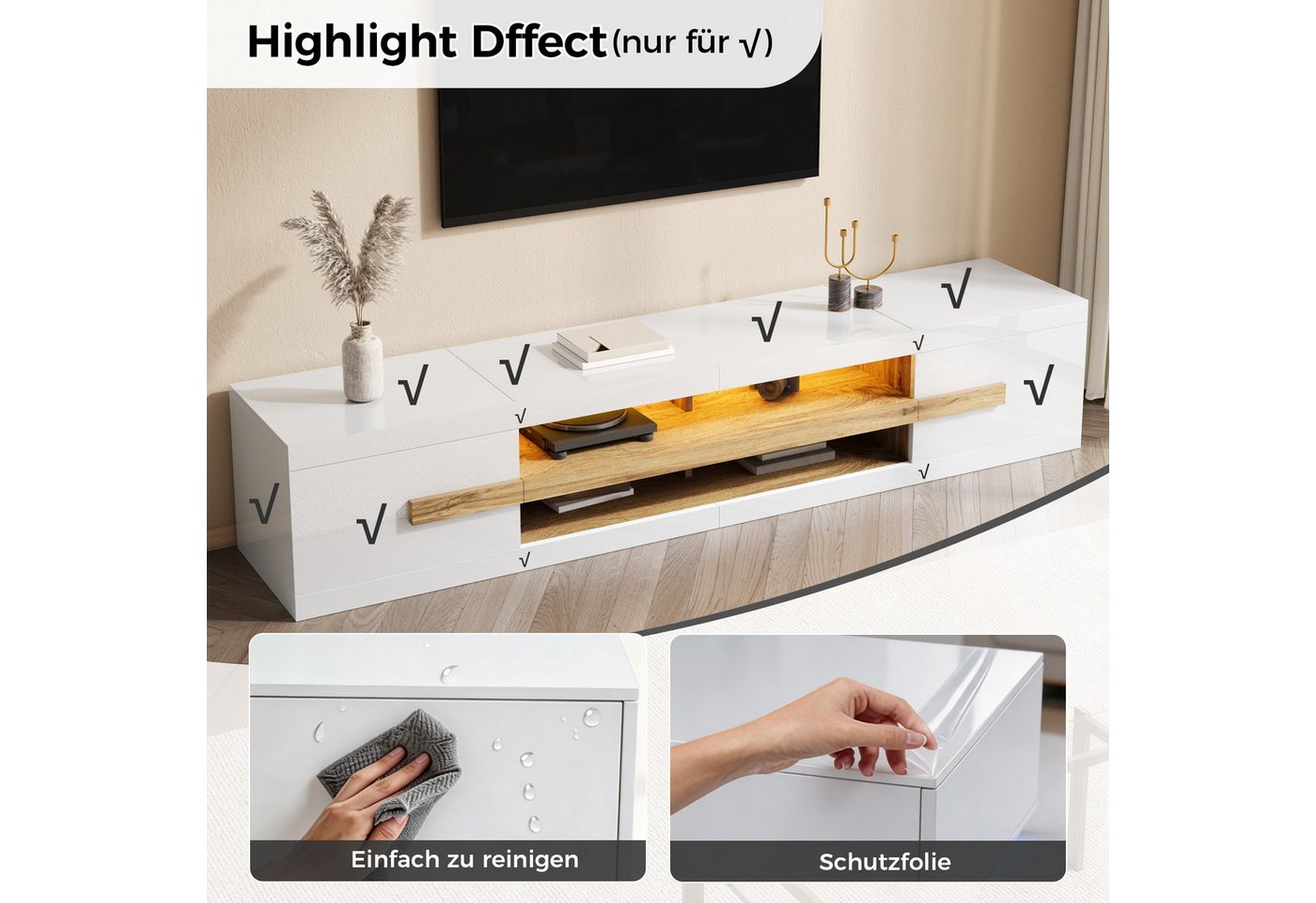 Merax Lowboard mit LED-Beleuchtung, TV-Möbel, 200 x 40 x 38 cm (1 St), TV-Schrank mit 2 Türen, offene Fächer & Stauraum – Bild 5 von 5