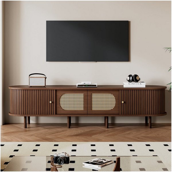 Merax Lowboard mit Rattan-Design, TV-Ständer in Holzoptik (Wohnzimmermöbel Lowboard für Fernseher bis zu 80 Zoll, 1 St), TV-Ständer mit 2 Schranktüren, 2 Schieb