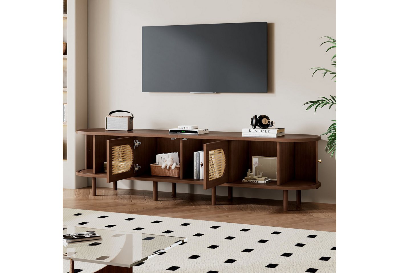 Merax Lowboard mit Rattan-Design, TV-Ständer in Holzoptik (Wohnzimmermöbel Lowboard für Fernseher bis zu 80 Zoll, 1 St), TV-Ständer mit 2 Schranktüren, 2 Schieb – Bild 2 von 5
