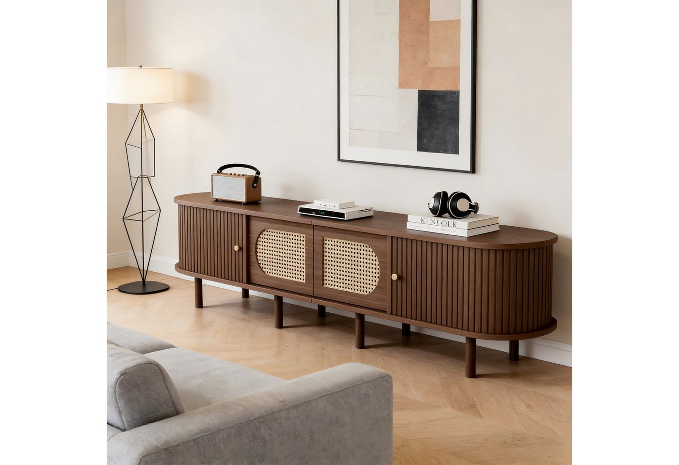 Merax Lowboard mit Rattan-Design, TV-Ständer in Holzoptik (Wohnzimmermöbel Lowboard für Fernseher bis zu 80 Zoll, 1 St), TV-Ständer mit 2 Schranktüren, 2 Schieb – Bild 3 von 5
