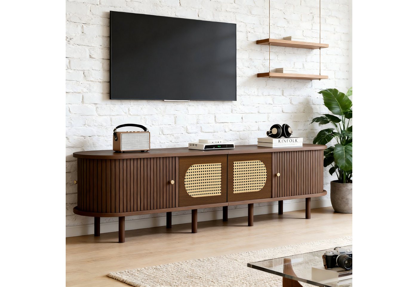 Merax Lowboard mit Rattan-Design, TV-Ständer in Holzoptik (Wohnzimmermöbel Lowboard für Fernseher bis zu 80 Zoll, 1 St), TV-Ständer mit 2 Schranktüren, 2 Schieb – Bild 4 von 5