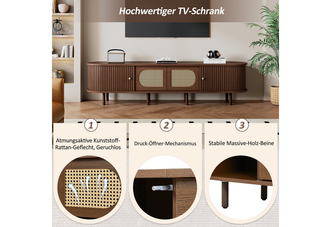 Merax Lowboard mit Rattan-Design, TV-Ständer in Holzoptik (Wohnzimmermöbel Lowboard für Fernseher bis zu 80 Zoll, 1 St), TV-Ständer mit 2 Schranktüren, 2 Schieb – Bild 5 von 5