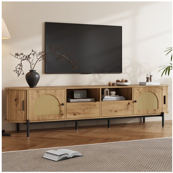 Merax Lowboard mit Rattan-Schiebetüren, Oval TV-Schrank in Holzoptik (1 St), TV Lowboard mit 2 Türen, 2 Schubladen & Stauraum, 200x40x49,5 cm