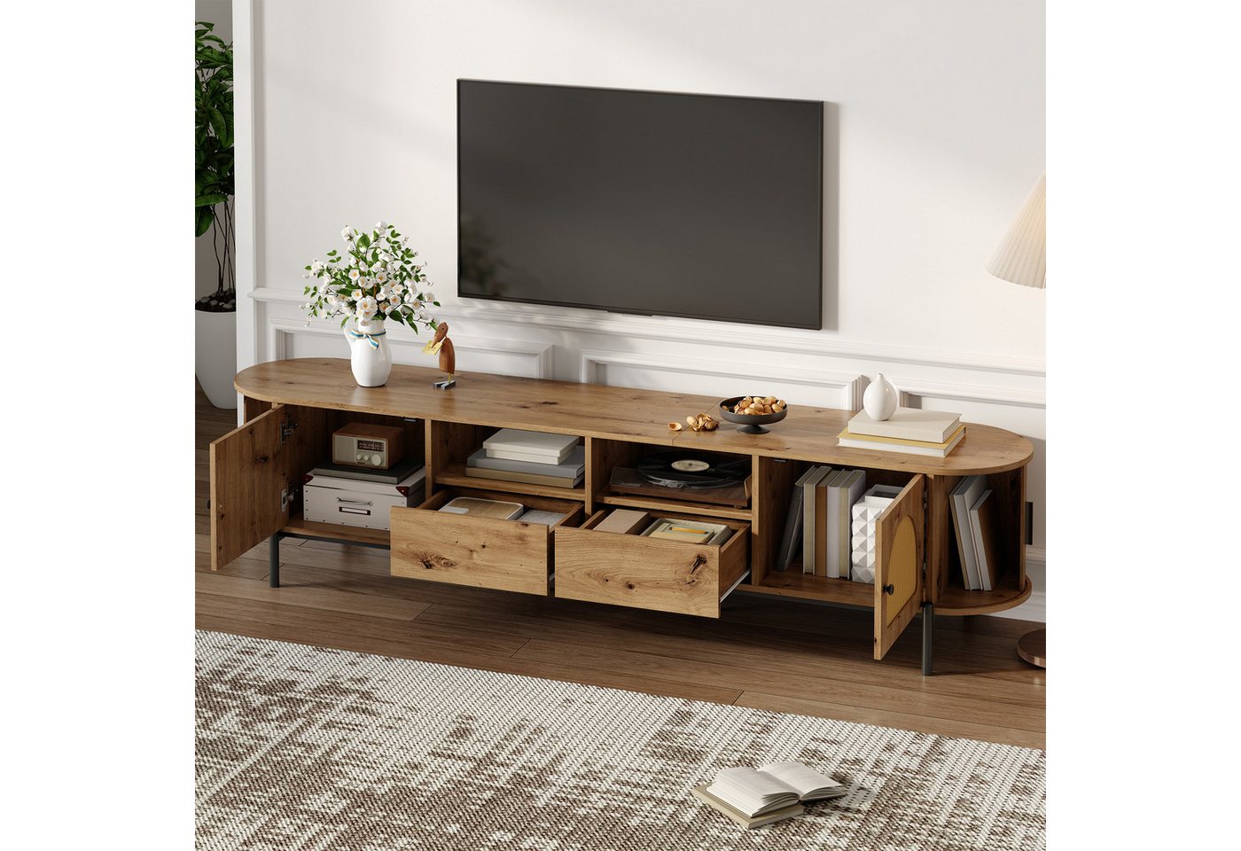 Merax Lowboard mit Rattan-Schiebetüren, Oval TV-Schrank in Holzoptik (1 St), TV Lowboard mit 2 Türen, 2 Schubladen & Stauraum, 200x40x49,5 cm – Bild 2 von 5