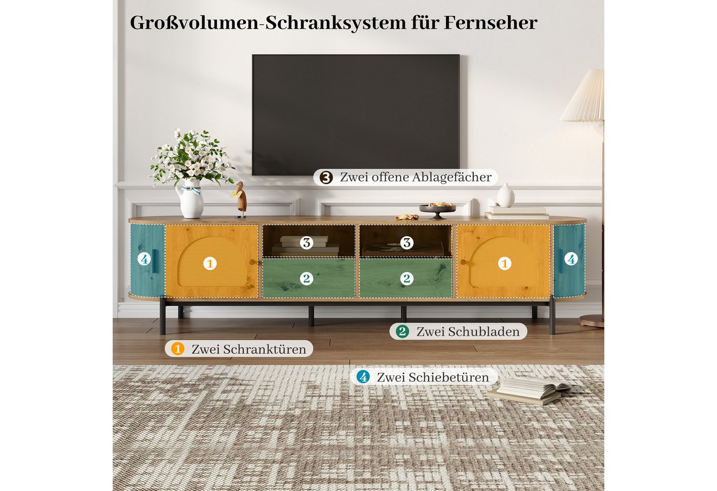Merax Lowboard mit Rattan-Schiebetüren, Oval TV-Schrank in Holzoptik (1 St), TV Lowboard mit 2 Türen, 2 Schubladen & Stauraum, 200x40x49,5 cm – Bild 5 von 5