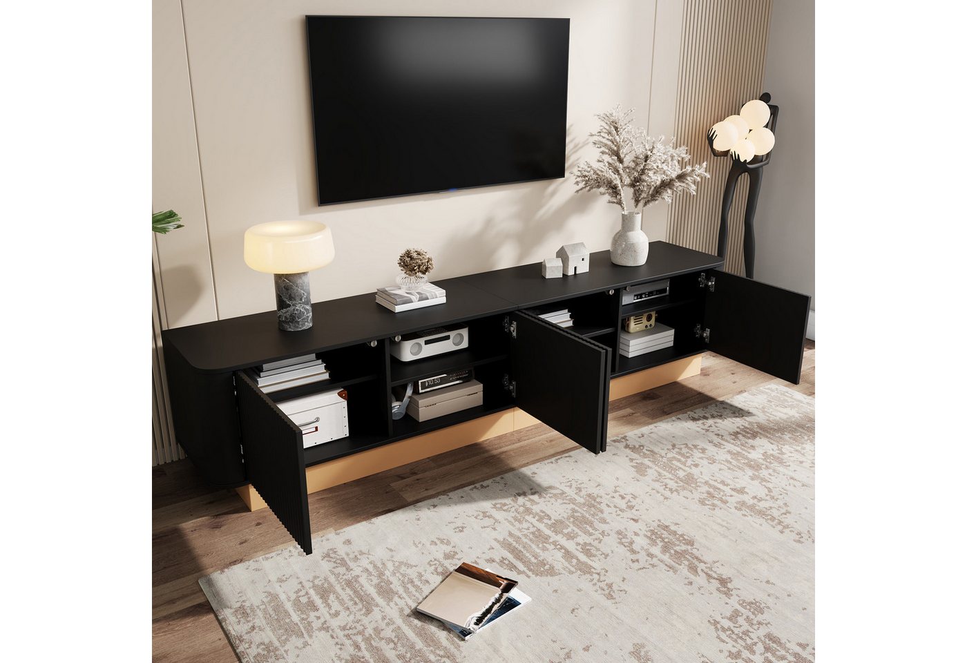 Merax Lowboard mit Rillenoptik, Fernsehtisch mit abgerundeten Ecken Design (200 x 40 x 47,5 cm (L x B x H), 1 St), TV-Schrank mit 4 Türen, höhenverstellbarer Fä – Bild 2 von 5
