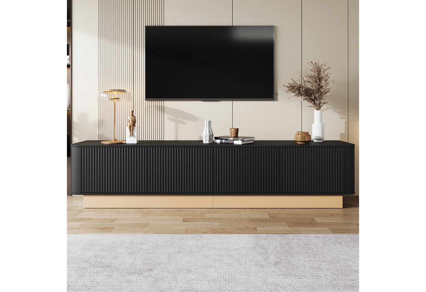 Merax Lowboard mit Rillenoptik, Fernsehtisch mit abgerundeten Ecken Design (200 x 40 x 47,5 cm (L x B x H), 1 St), TV-Schrank mit 4 Türen, höhenverstellbarer Fä – Bild 3 von 5