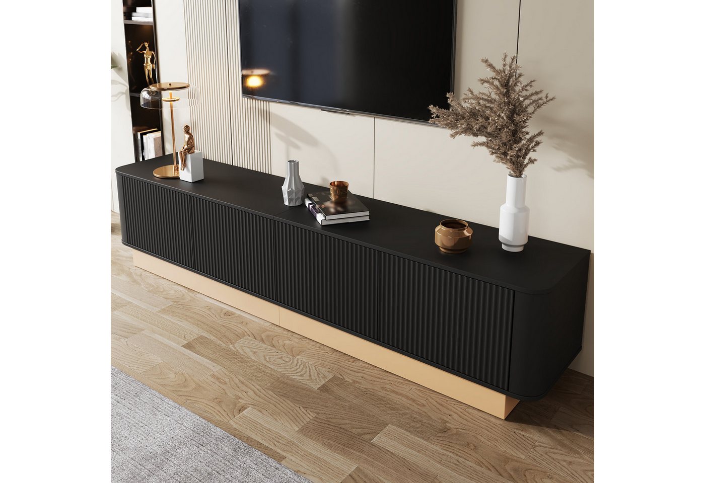 Merax Lowboard mit Rillenoptik, Fernsehtisch mit abgerundeten Ecken Design (200 x 40 x 47,5 cm (L x B x H), 1 St), TV-Schrank mit 4 Türen, höhenverstellbarer Fä – Bild 4 von 5