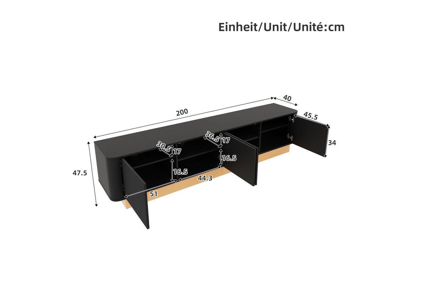Merax Lowboard mit Rillenoptik, Fernsehtisch mit abgerundeten Ecken Design (200 x 40 x 47,5 cm (L x B x H), 1 St), TV-Schrank mit 4 Türen, höhenverstellbarer Fä – Bild 5 von 5