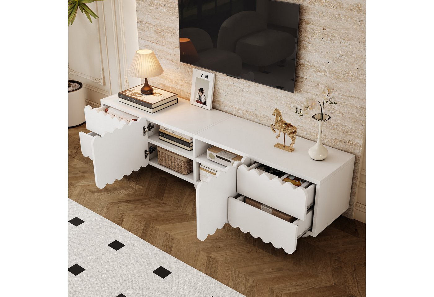 Merax Lowboard mit runden Beinen (1 St), TV-Schrank mit 2 Türen, 4 Schubladen & Stauraum, 175×38×37 cm – Bild 2 von 5