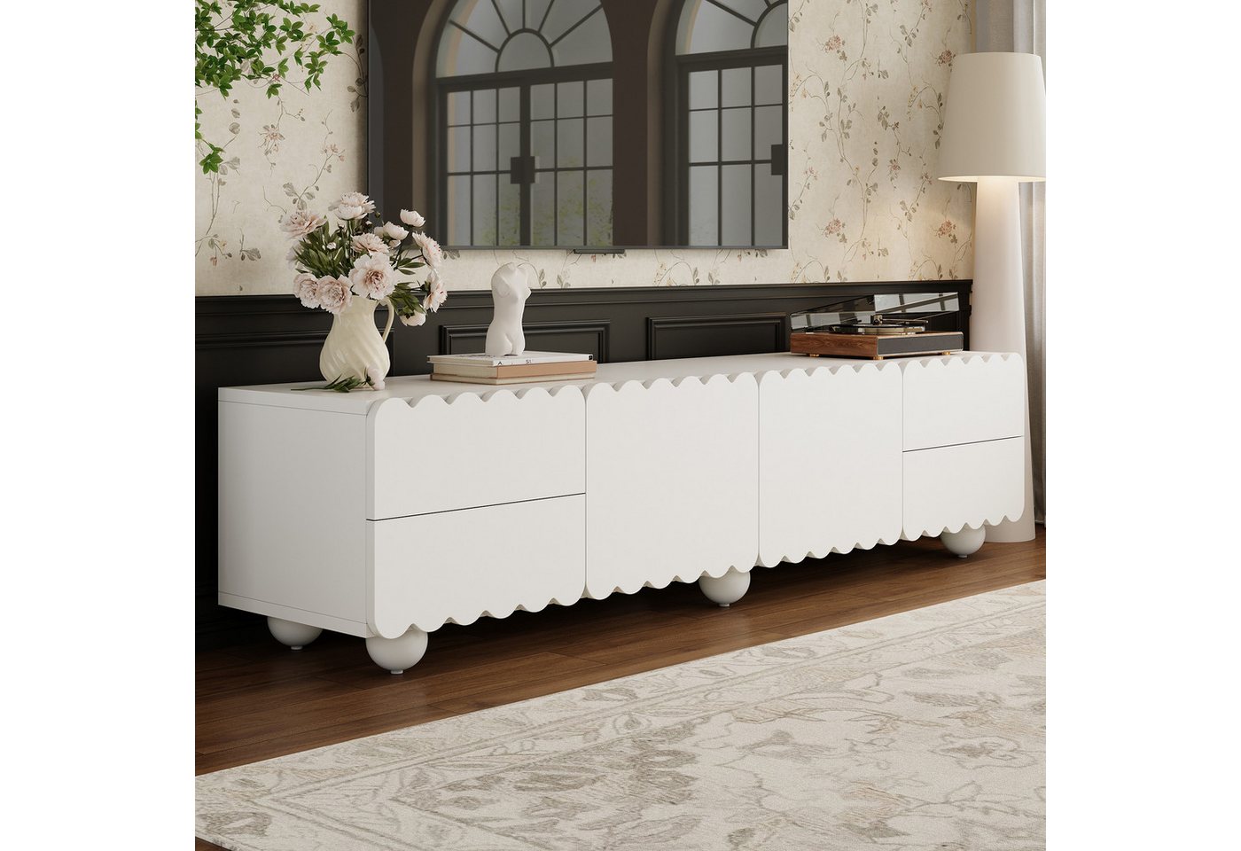 Merax Lowboard mit runden Beinen (1 St), TV-Schrank mit 2 Türen, 4 Schubladen & Stauraum, 175×38×37 cm – Bild 3 von 5