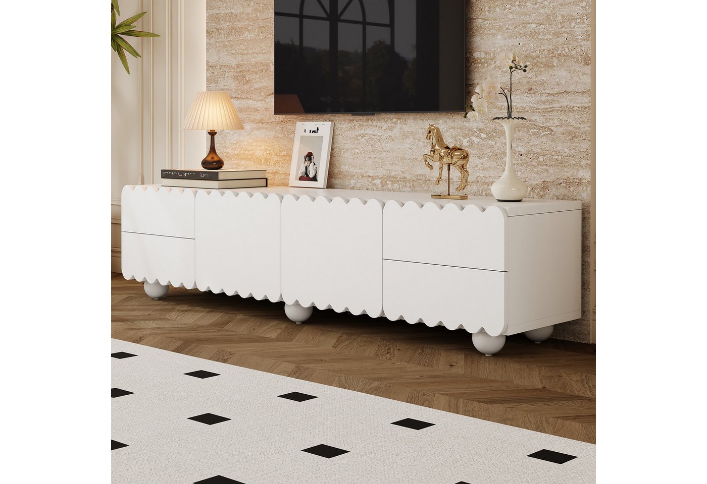 Merax Lowboard mit runden Beinen (1 St), TV-Schrank mit 2 Türen, 4 Schubladen & Stauraum, 175×38×37 cm – Bild 4 von 5