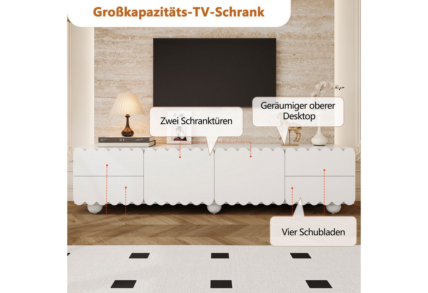 Merax Lowboard mit runden Beinen (1 St), TV-Schrank mit 2 Türen, 4 Schubladen & Stauraum, 175×38×37 cm – Bild 5 von 5
