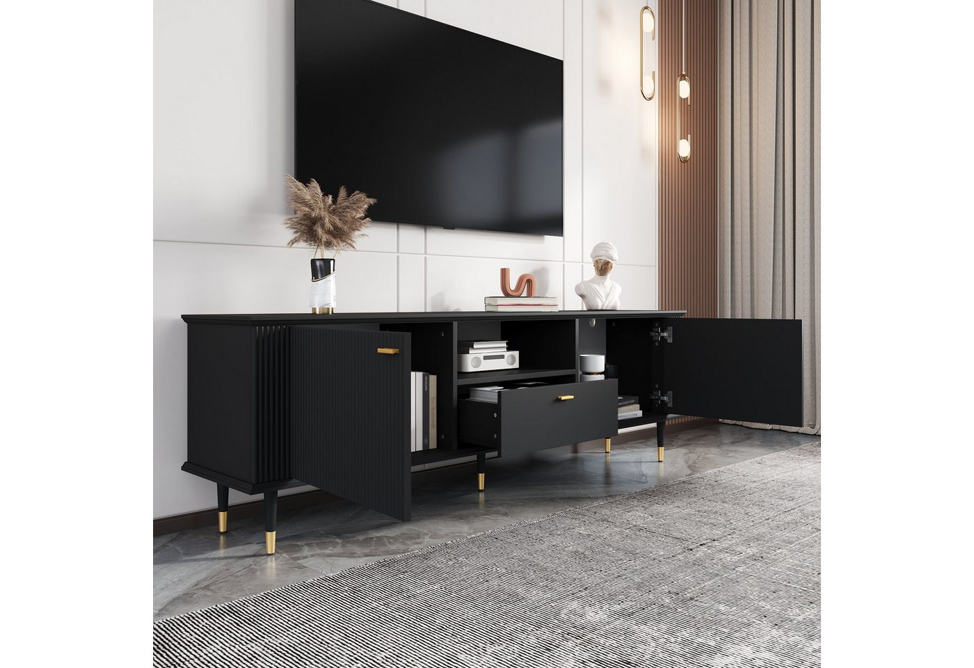 Merax Lowboard mit Soft-Close-Funktion, Hochglanz Fernsehschrank Sideboard (1 St), TV-Schrank mit 2 Türen, Schublade & offenen Fächern, 170x36x54cm – Bild 2 von 5