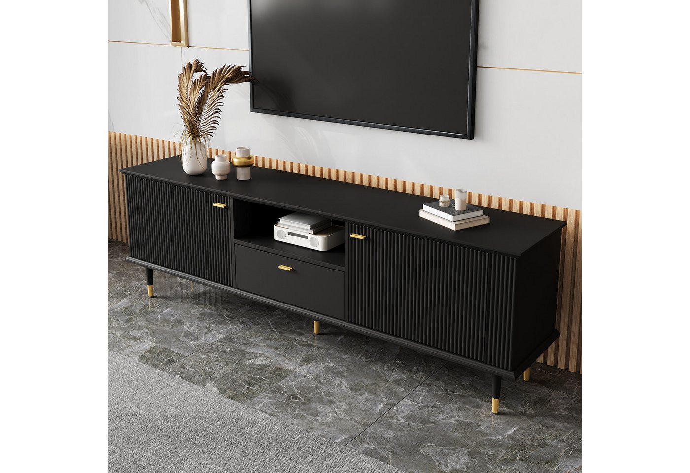 Merax Lowboard mit Soft-Close-Funktion, Hochglanz Fernsehschrank Sideboard (1 St), TV-Schrank mit 2 Türen, Schublade & offenen Fächern, 170x36x54cm – Bild 3 von 5
