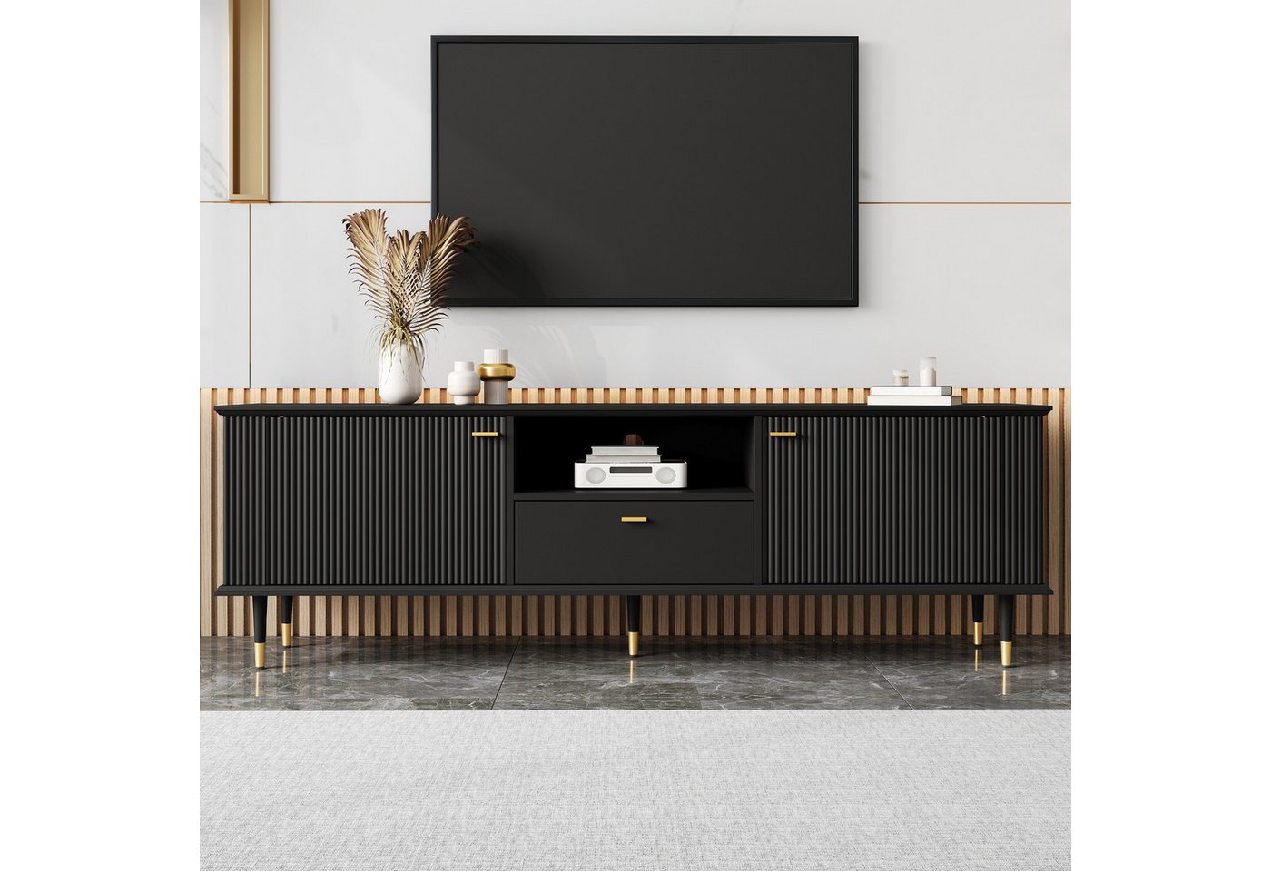 Merax Lowboard mit Soft-Close-Funktion, Hochglanz Fernsehschrank Sideboard (1 St), TV-Schrank mit 2 Türen, Schublade & offenen Fächern, 170x36x54cm – Bild 4 von 5