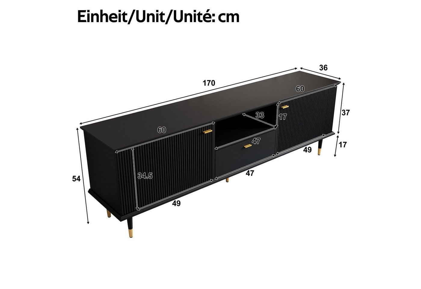 Merax Lowboard mit Soft-Close-Funktion, Hochglanz Fernsehschrank Sideboard (1 St), TV-Schrank mit 2 Türen, Schublade & offenen Fächern, 170x36x54cm – Bild 5 von 5