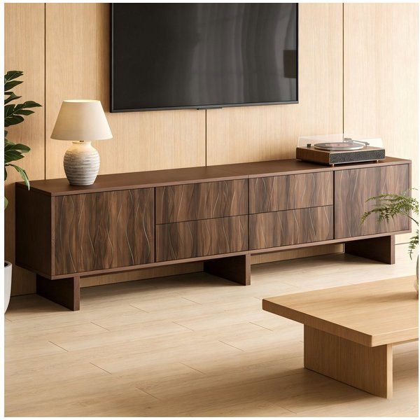 Merax Lowboard mit Wellenförmiges Design, TV-Ständer in dunklem Walnussholz (1 St), TV-Schrank mit 4 Schubladen und 2 Türen, Wohnzimmerschrank 180x40x56cm