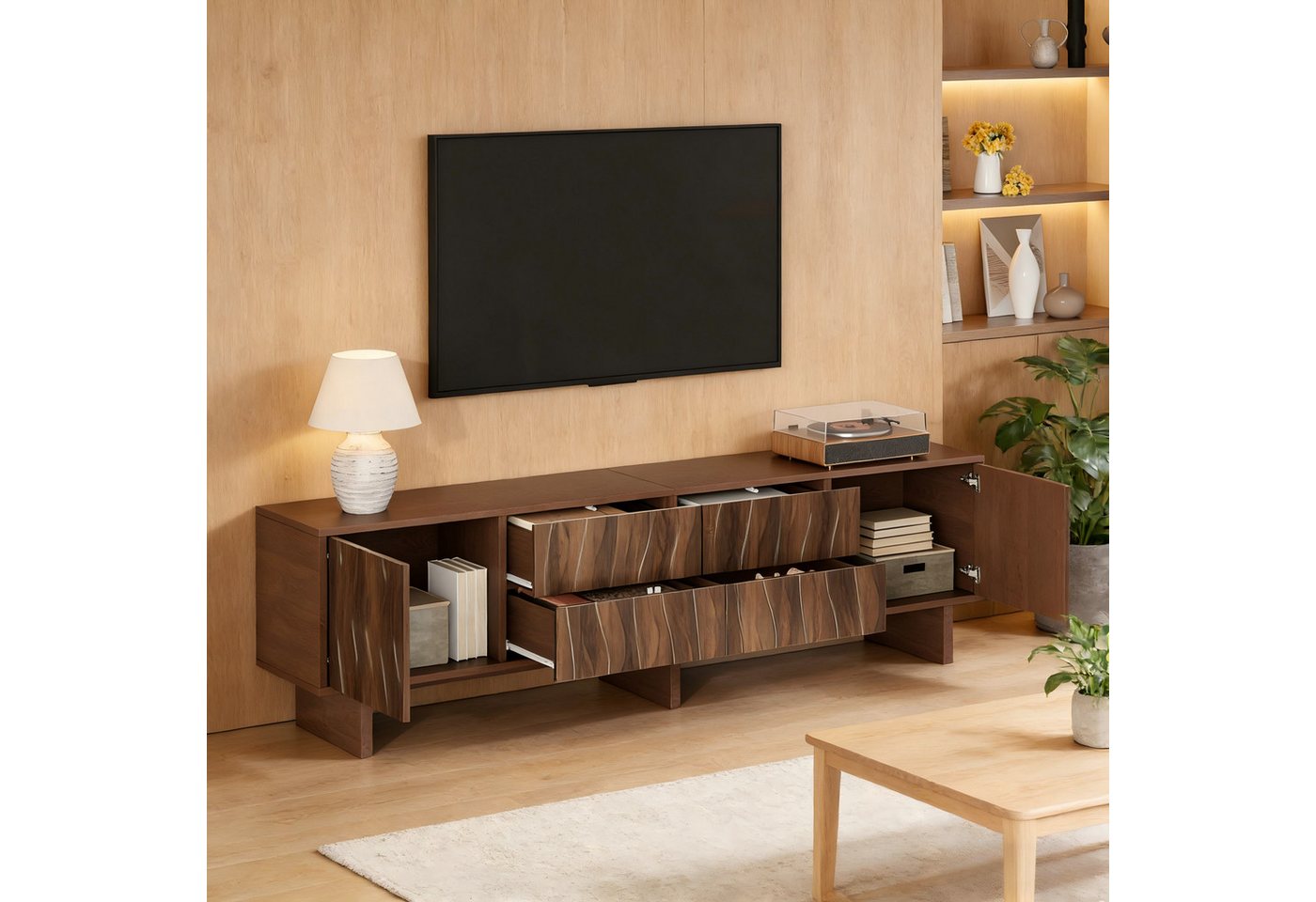 Merax Lowboard mit Wellenförmiges Design, TV-Ständer in dunklem Walnussholz (1 St), TV-Schrank mit 4 Schubladen und 2 Türen, Wohnzimmerschrank 180x40x56cm – Bild 2 von 5