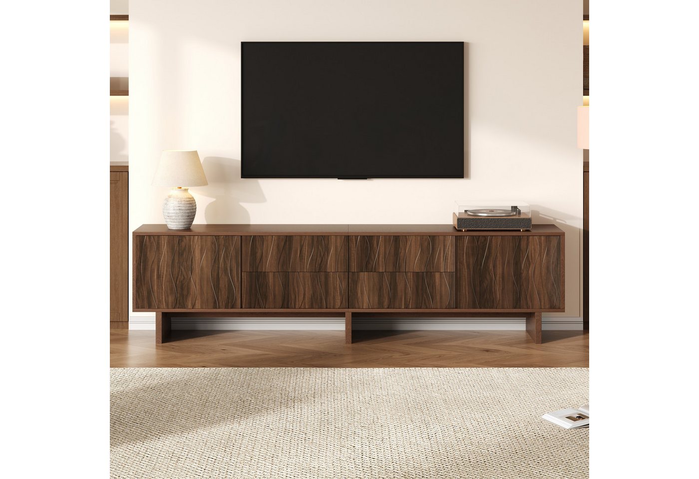 Merax Lowboard mit Wellenförmiges Design, TV-Ständer in dunklem Walnussholz (1 St), TV-Schrank mit 4 Schubladen und 2 Türen, Wohnzimmerschrank 180x40x56cm – Bild 3 von 5