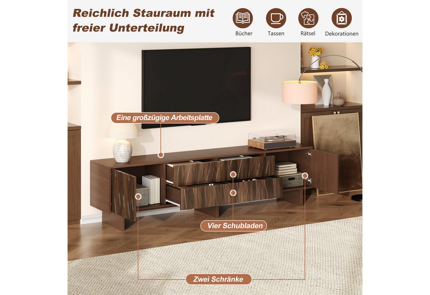 Merax Lowboard mit Wellenförmiges Design, TV-Ständer in dunklem Walnussholz (1 St), TV-Schrank mit 4 Schubladen und 2 Türen, Wohnzimmerschrank 180x40x56cm – Bild 4 von 5