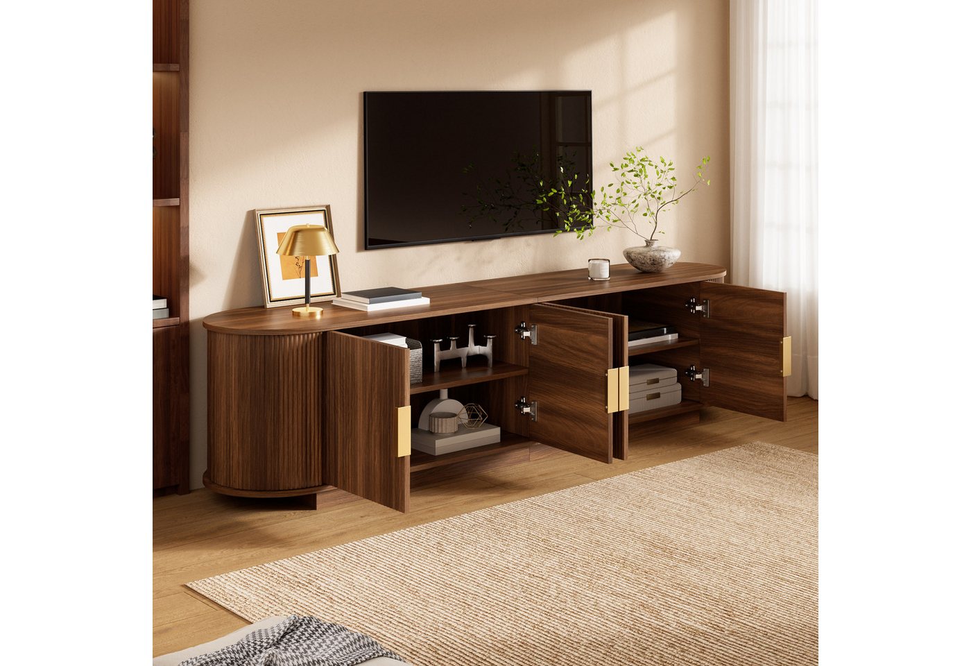 Merax Lowboard mit Wellenstruktur, Fernsehschrank in Holzoptik (1 St), TV-Schrank mit 4 Türen, Metallgriffe & Stauraum, 180x35x50cm – Bild 2 von 5