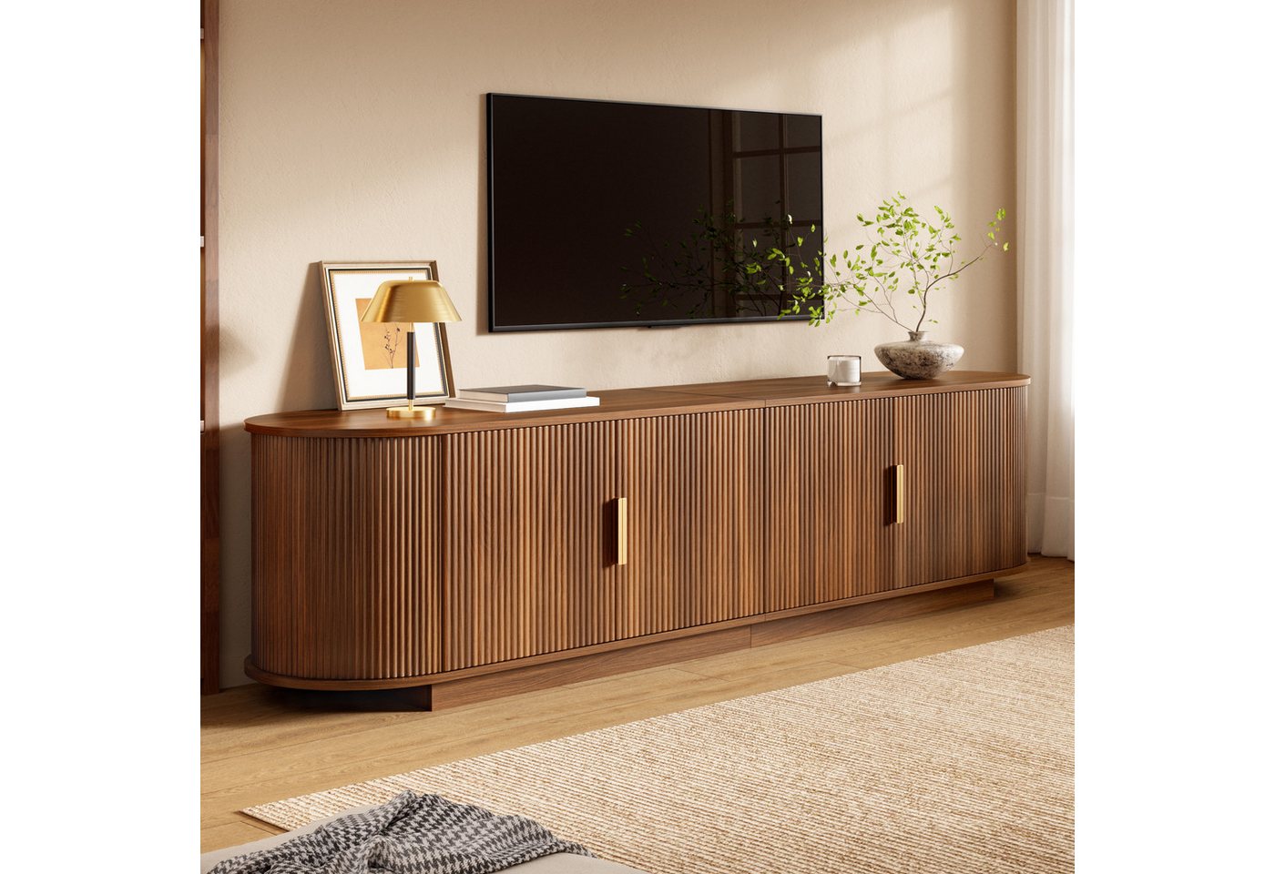 Merax Lowboard mit Wellenstruktur, Fernsehschrank in Holzoptik (1 St), TV-Schrank mit 4 Türen, Metallgriffe & Stauraum, 180x35x50cm – Bild 3 von 5