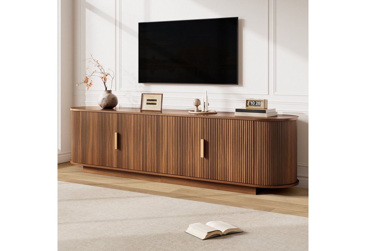 Merax Lowboard mit Wellenstruktur, Fernsehschrank in Holzoptik (1 St), TV-Schrank mit 4 Türen, Metallgriffe & Stauraum, 180x35x50cm – Bild 4 von 5