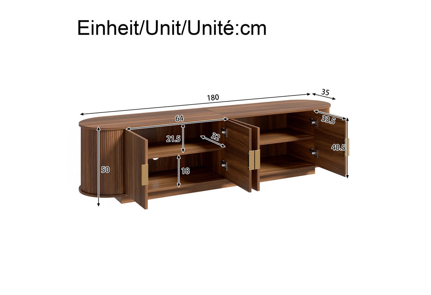 Merax Lowboard mit Wellenstruktur, Fernsehschrank in Holzoptik (1 St), TV-Schrank mit 4 Türen, Metallgriffe & Stauraum, 180x35x50cm – Bild 5 von 5
