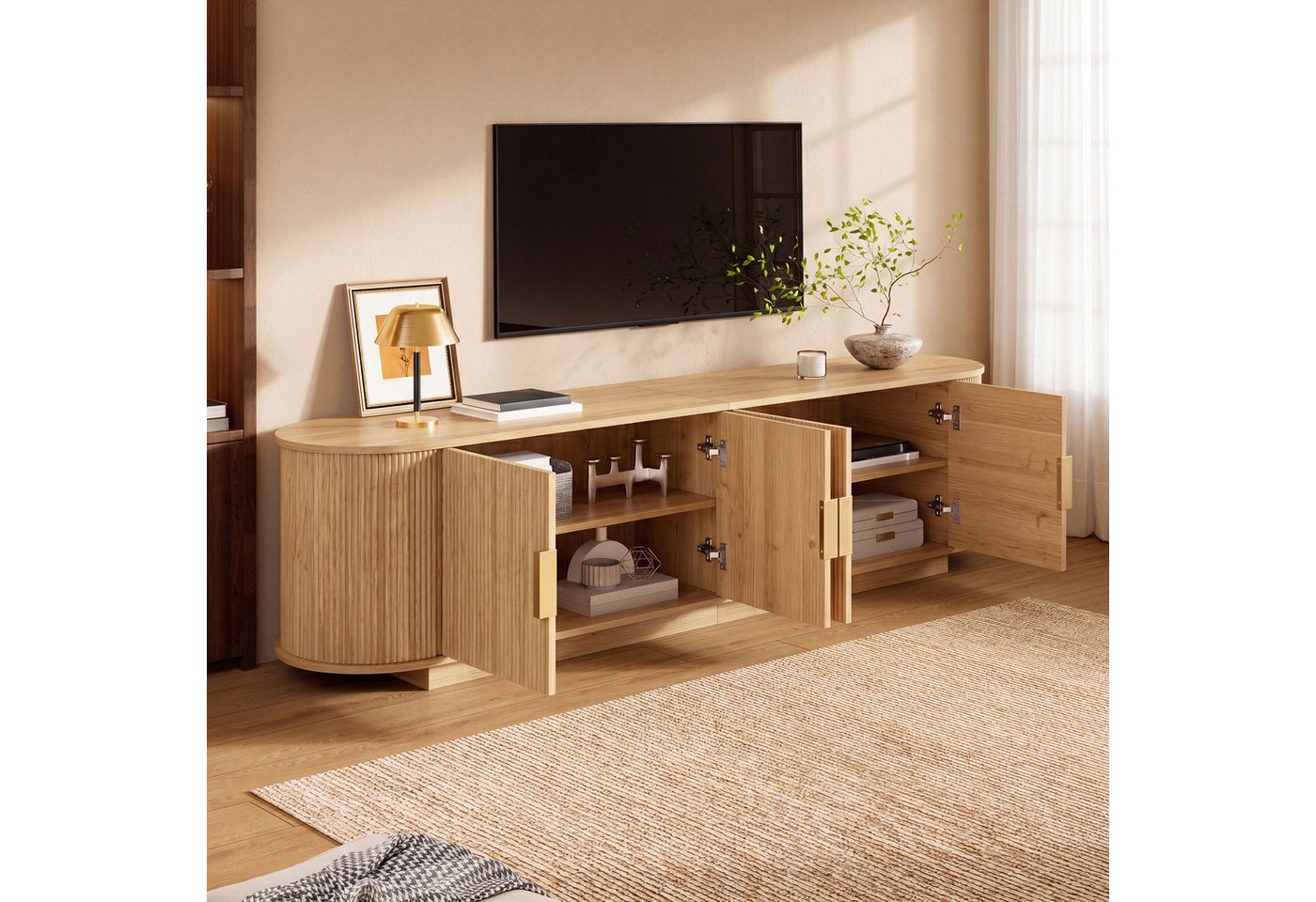 Merax Lowboard mit Wellenstruktur, Fernsehschrank in Holzoptik (1 St), TV-Schrank mit 4 Türen, Metallgriffe & Stauraum, 180x35x50cm – Bild 2 von 5