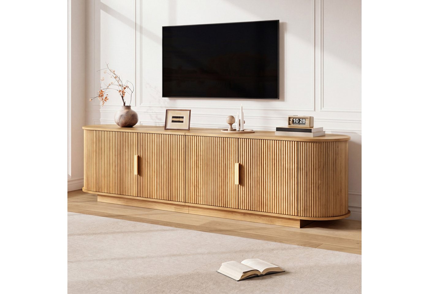 Merax Lowboard mit Wellenstruktur, Fernsehschrank in Holzoptik (1 St), TV-Schrank mit 4 Türen, Metallgriffe & Stauraum, 180x35x50cm – Bild 3 von 5