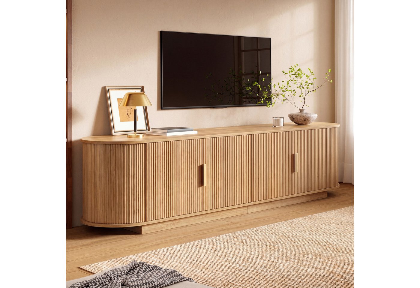 Merax Lowboard mit Wellenstruktur, Fernsehschrank in Holzoptik (1 St), TV-Schrank mit 4 Türen, Metallgriffe & Stauraum, 180x35x50cm – Bild 4 von 5