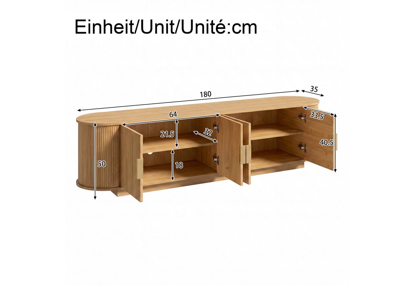 Merax Lowboard mit Wellenstruktur, Fernsehschrank in Holzoptik (1 St), TV-Schrank mit 4 Türen, Metallgriffe & Stauraum, 180x35x50cm – Bild 5 von 5