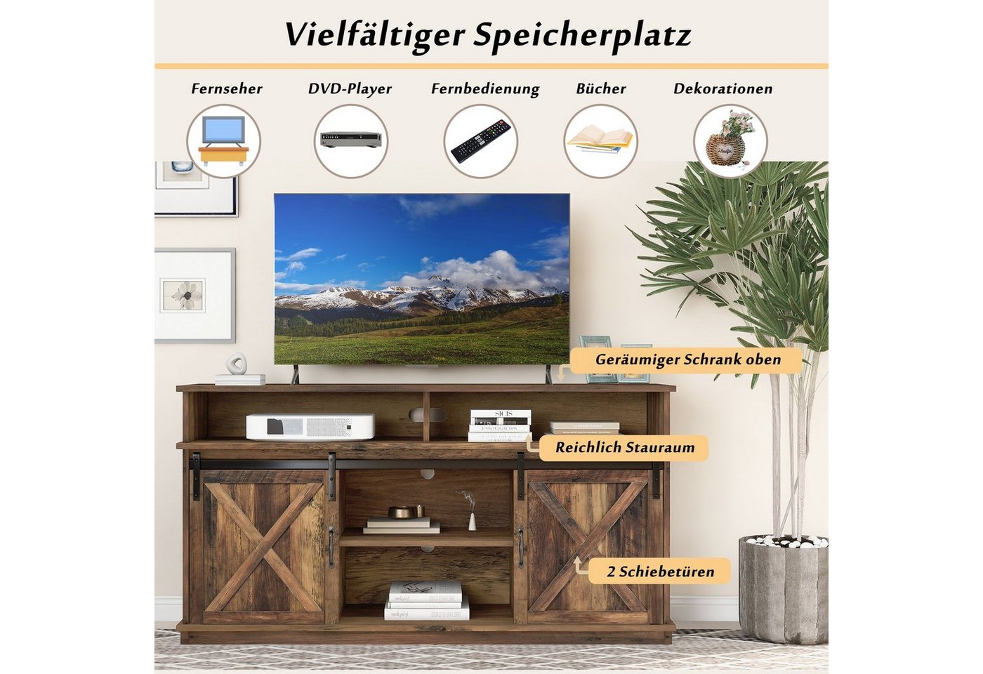 Merax Lowboard TV-Schrank, Fernsehtisch mit Schiebtüren, Sideboard im Landhausstil,B/H/T:148/78/40cm – Bild 2 von 5
