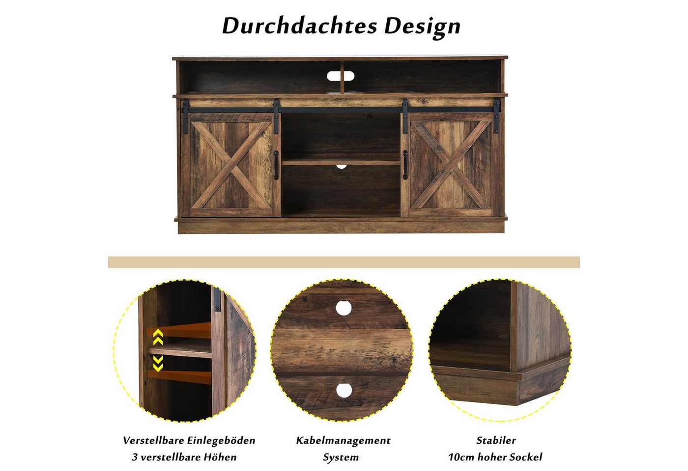 Merax Lowboard TV-Schrank, Fernsehtisch mit Schiebtüren, Sideboard im Landhausstil,B/H/T:148/78/40cm – Bild 3 von 5
