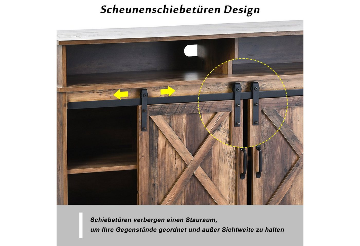 Merax Lowboard TV-Schrank, Fernsehtisch mit Schiebtüren, Sideboard im Landhausstil,B/H/T:148/78/40cm – Bild 4 von 5