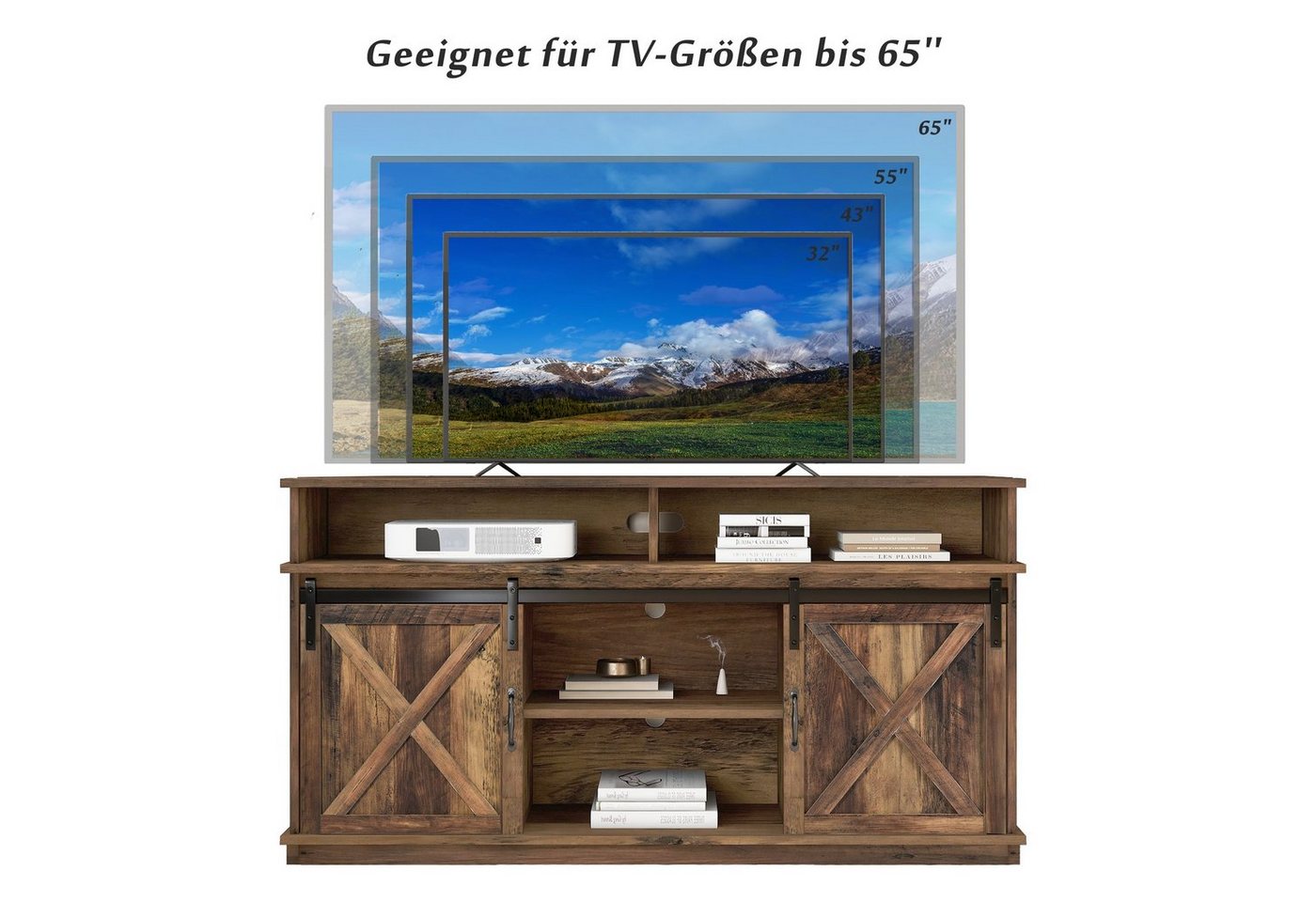 Merax Lowboard TV-Schrank, Fernsehtisch mit Schiebtüren, Sideboard im Landhausstil,B/H/T:148/78/40cm – Bild 5 von 5