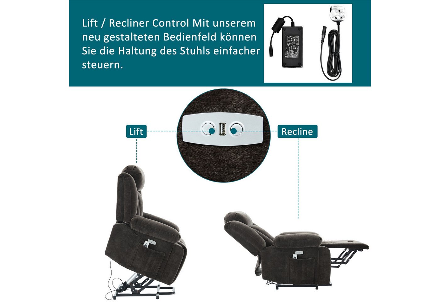 Merax Massagesessel mit 8-Punkt-Massagefunktion, Fernsehsessel mit USB-Anschluss (Chenille-Stoff, 1-St), Relaxsessel mit Heizfunktion & Hebefunktion, Staufach & – Bild 3 von 5