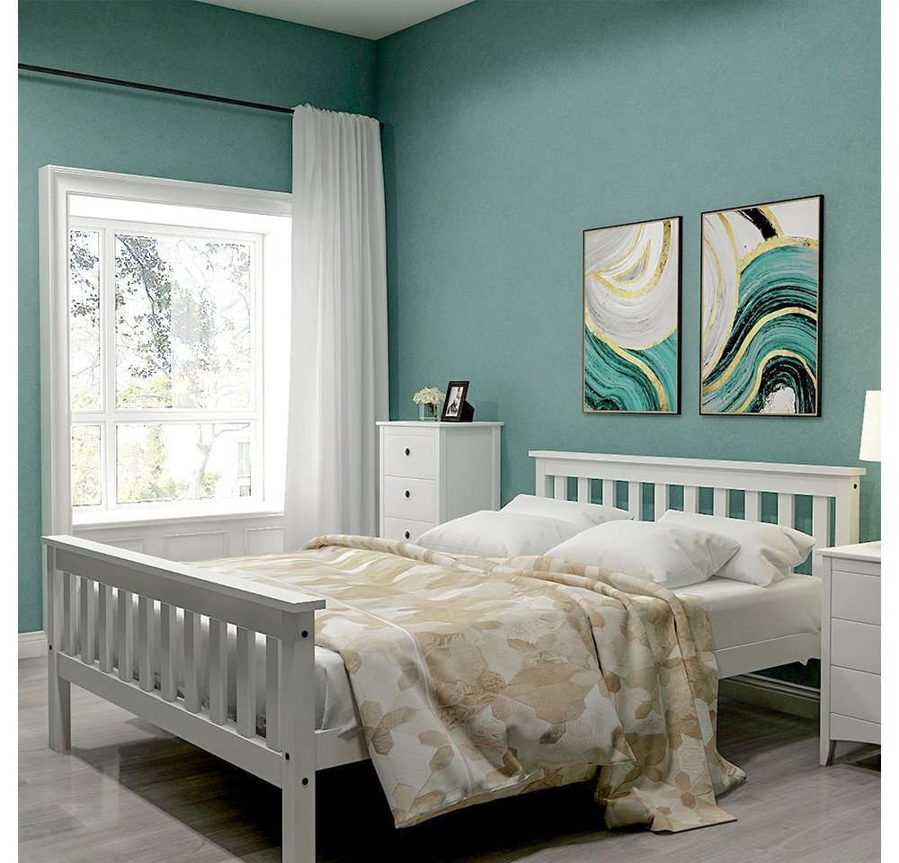 Merax Massivholzbett (Packung), Doppelbett 140x200 cm,Ehebett Bettgestell mit Lattenrost und Kopfteil – Bild 2 von 5