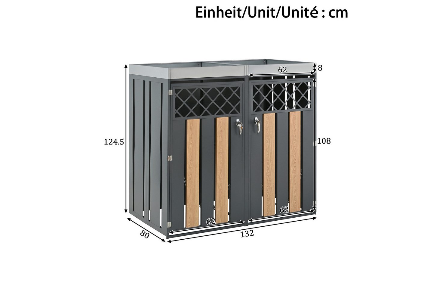 Merax Mülltonnenbox abschließbar mit integriertem Pflanzgefäß & 2 separaten Fächern (1 St), Mülltonnenverkleidung mit Rauten-Lüftungsschlitzen & Holzoptik Türen – Bild 5 von 5