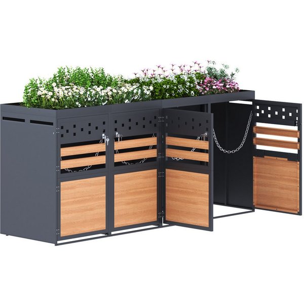 Merax Mülltonnenbox Abschließbar Müllcontainer mit Pflanzdach & Belüftungslöchern (2 St), Müllbox aus Edelstahl,Mülltonnenverkleidung für 4 Tonnen,120-240Leiter